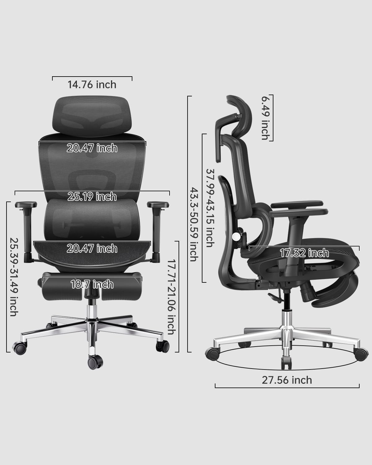 HBADA E2 Ergonomic Office Chair black dimensions