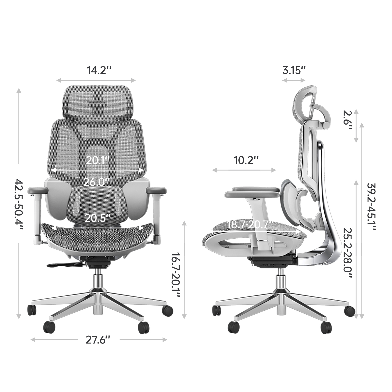 HBADA E3 Air Ergonomic Office Chair without footrest gray dimensions
