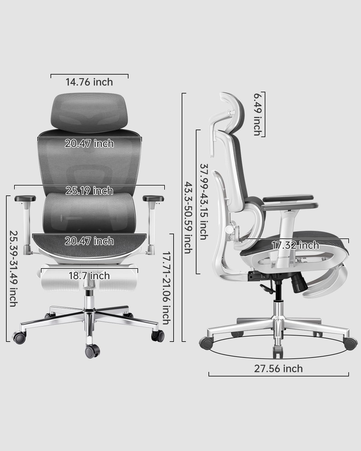 HBADA E2 Ergonomic Office Chair white dimensions