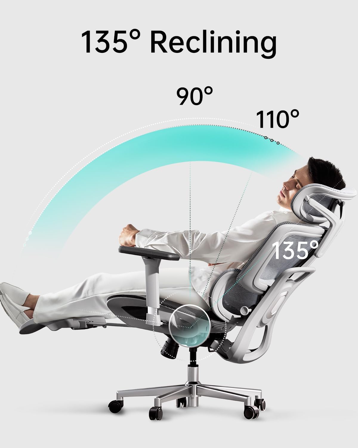 HBADA E2 Ergonomic Office Chair white reclining angle