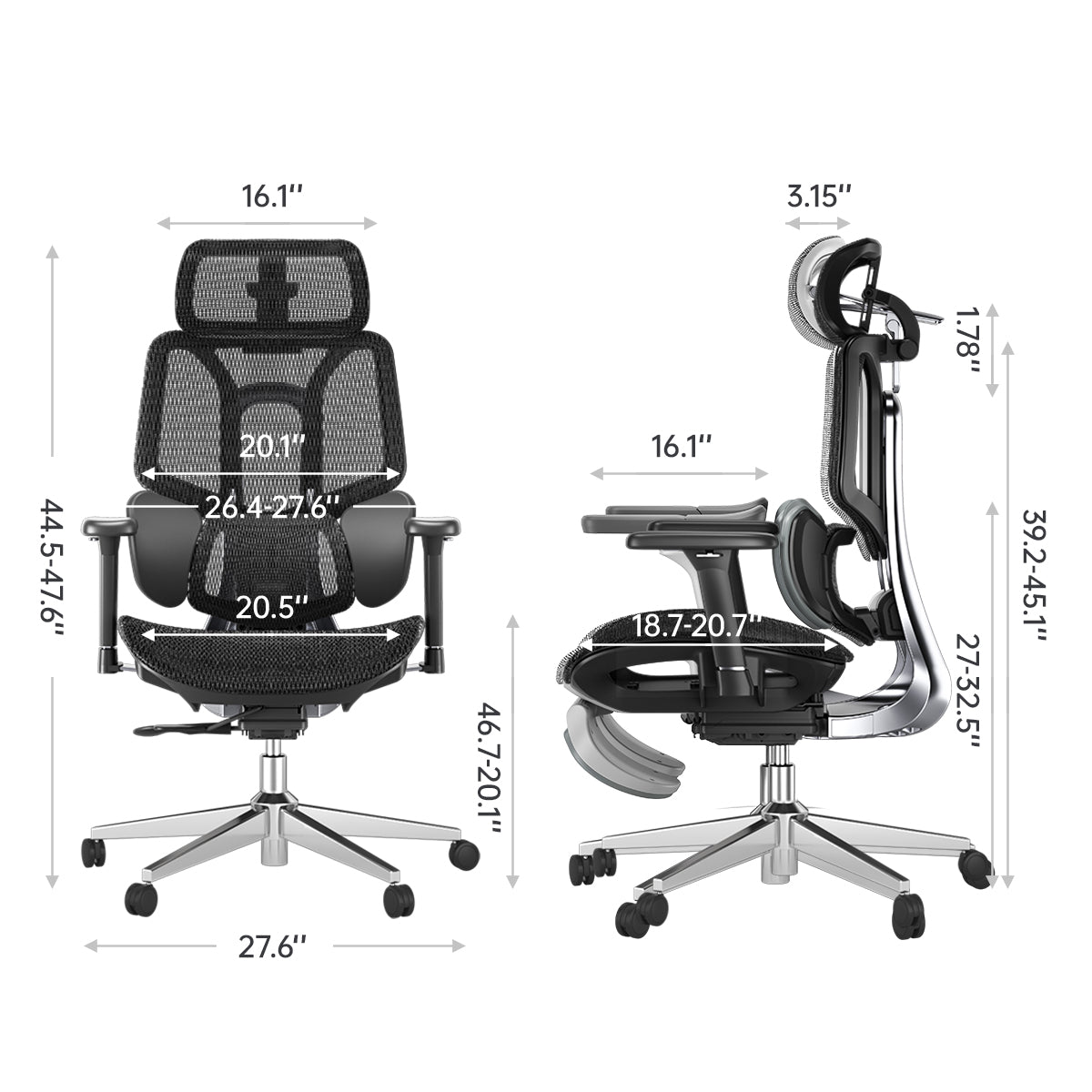 HBADA E3 Air Ergonomic Office Chair without footrest black dimensions